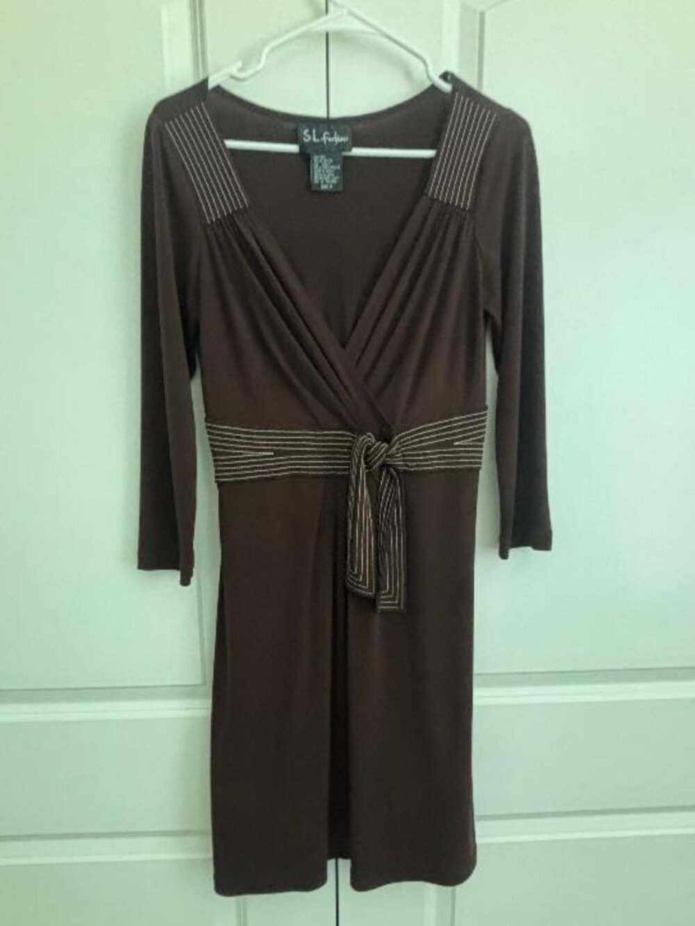 S.L. Fashions Brown Cream Stitching Fit & Flair Dress 3/4 Sleeve size 8